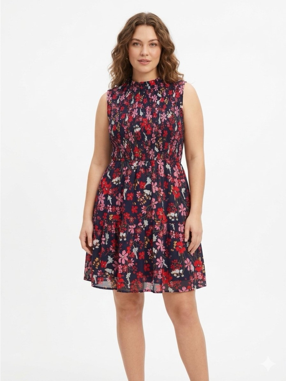 BloomChic 22/24 Navy Floral Smocked Dress with Pink & Red Blooms